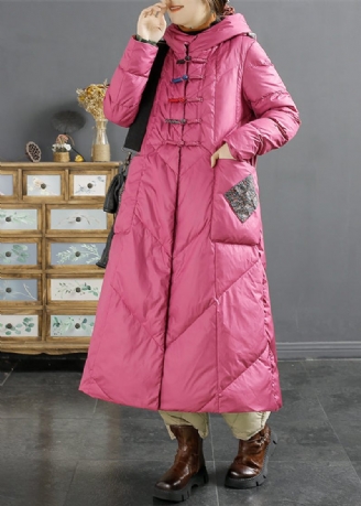 Retro Rose Hooded Fickor Kinesisk Button Duck Down Puffers Coat Winter