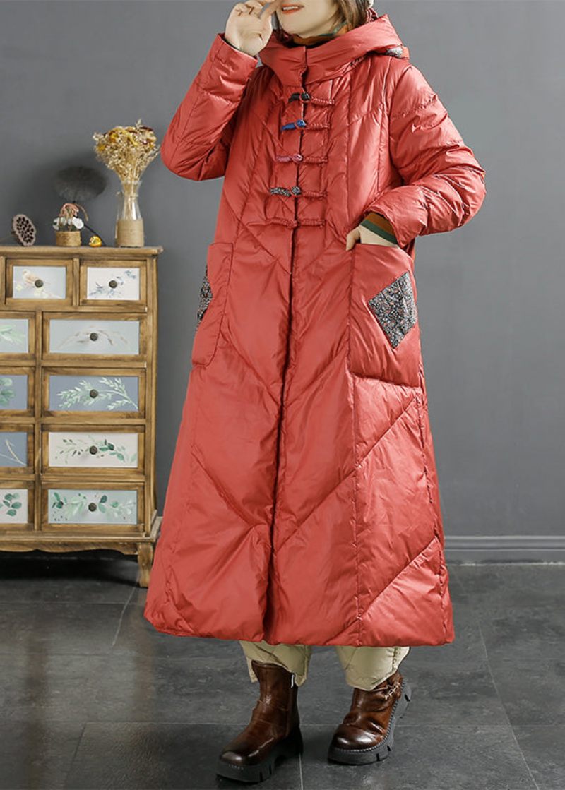 Retro Rose Hooded Fickor Kinesisk Button Duck Down Puffers Coat Winter - Dunjackor för kvinnor