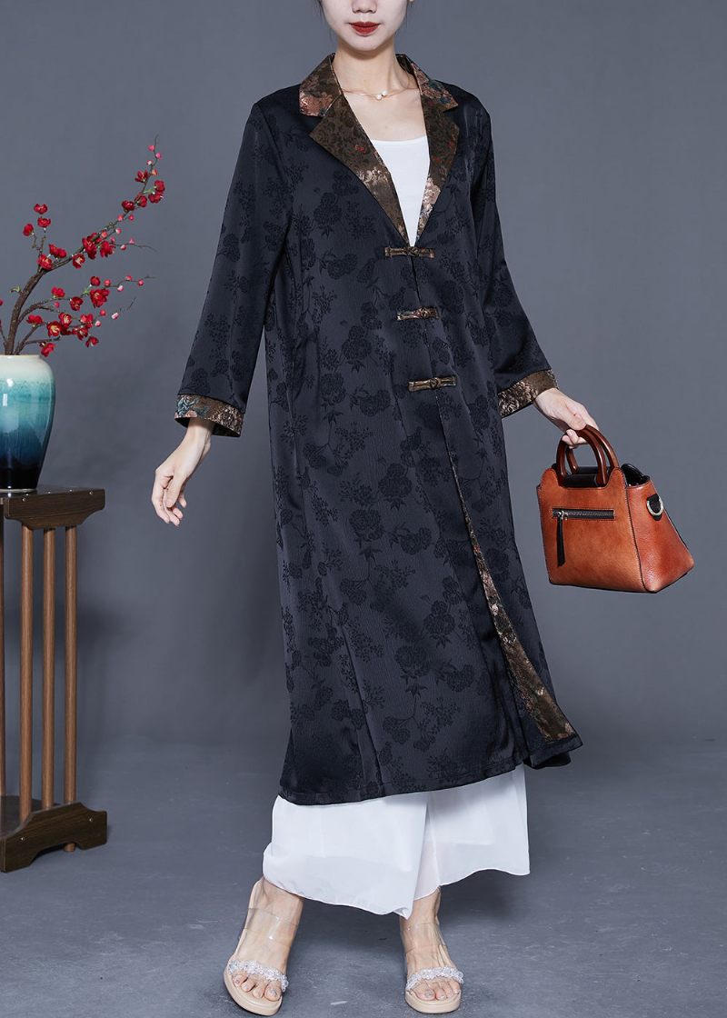 Retro Svart Naggad Patchwork Kinesisk Button Silk Trench Coats Spring - Trenchcoats för kvinnor