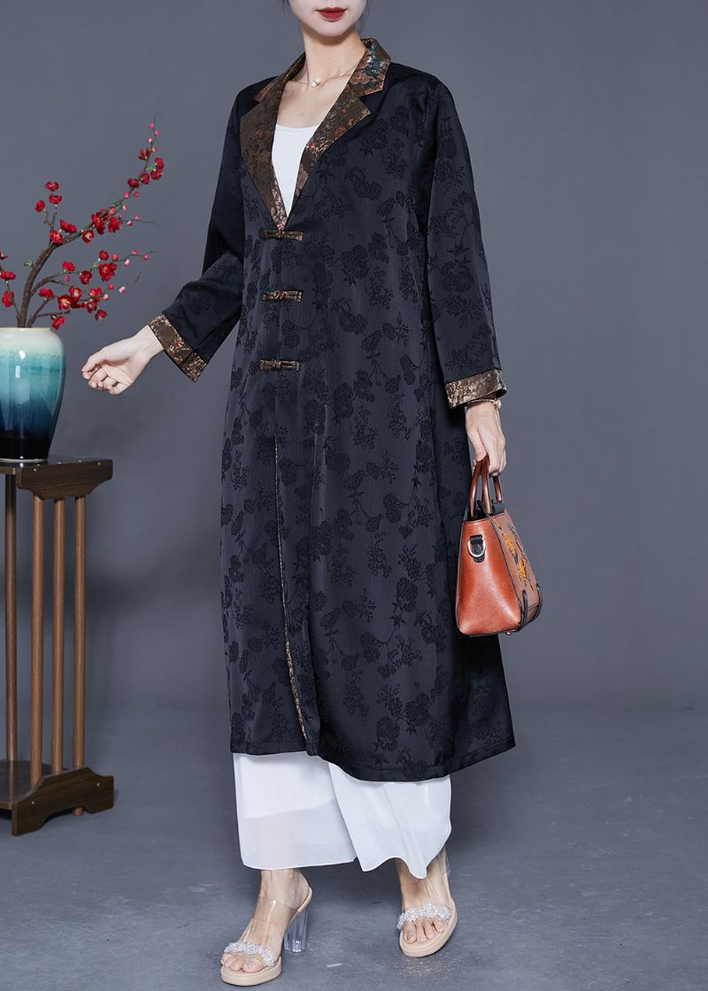 Retro Svart Naggad Patchwork Kinesisk Button Silk Trench Coats Spring - Trenchcoats för kvinnor