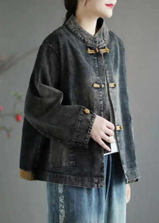 Retro Svart Stativ Krage Patchwork Denim Coat Spring