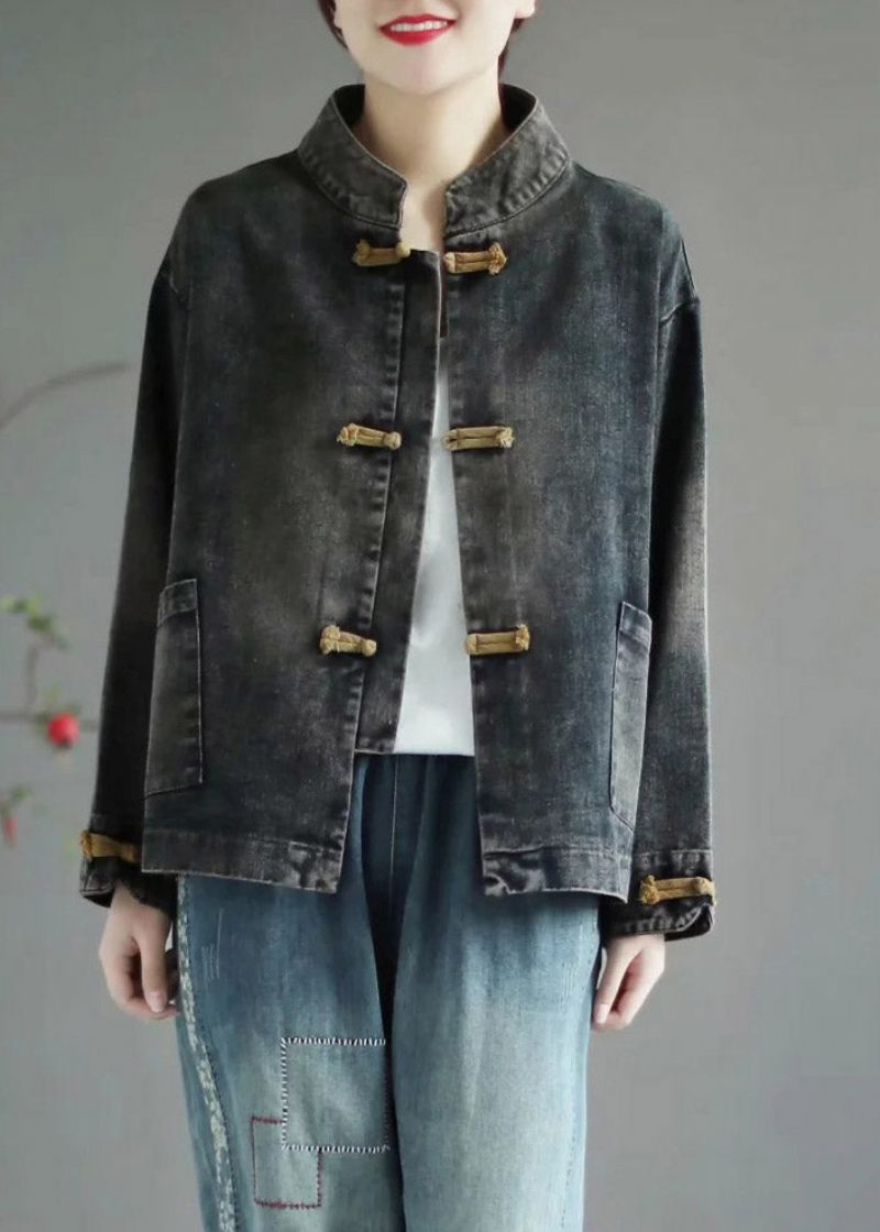 Retro Svart Stativ Krage Patchwork Denim Coat Spring - Svart