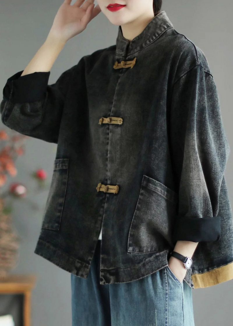 Retro Svart Stativ Krage Patchwork Denim Coat Spring - Svart