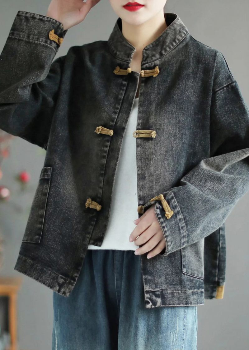 Retro Svart Stativ Krage Patchwork Denim Coat Spring - Svart