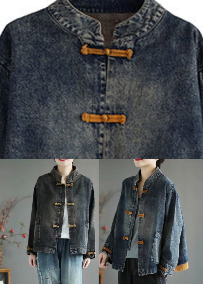 Retro Svart Stativ Krage Patchwork Denim Coat Spring - Svart