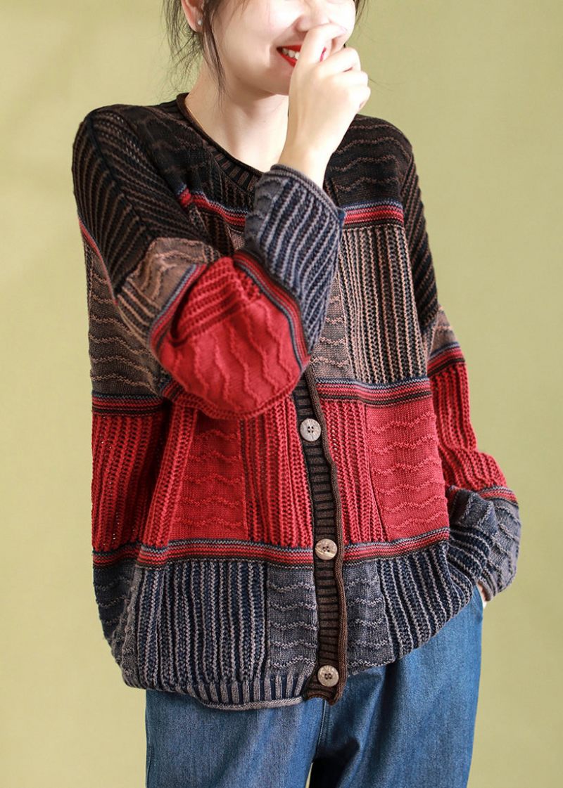 Röd Casual Patchwork Stickad Cardigan O Neck Button Spring