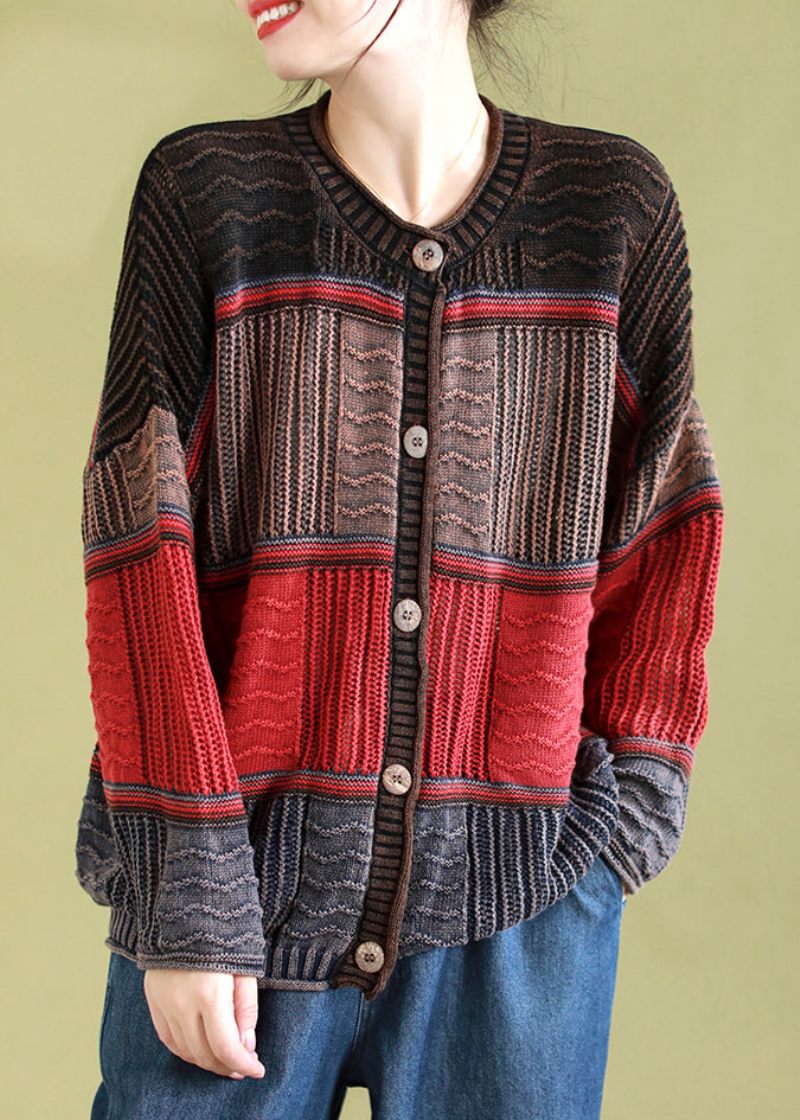 Röd Casual Patchwork Stickad Cardigan O Neck Button Spring - Koftor för kvinnor