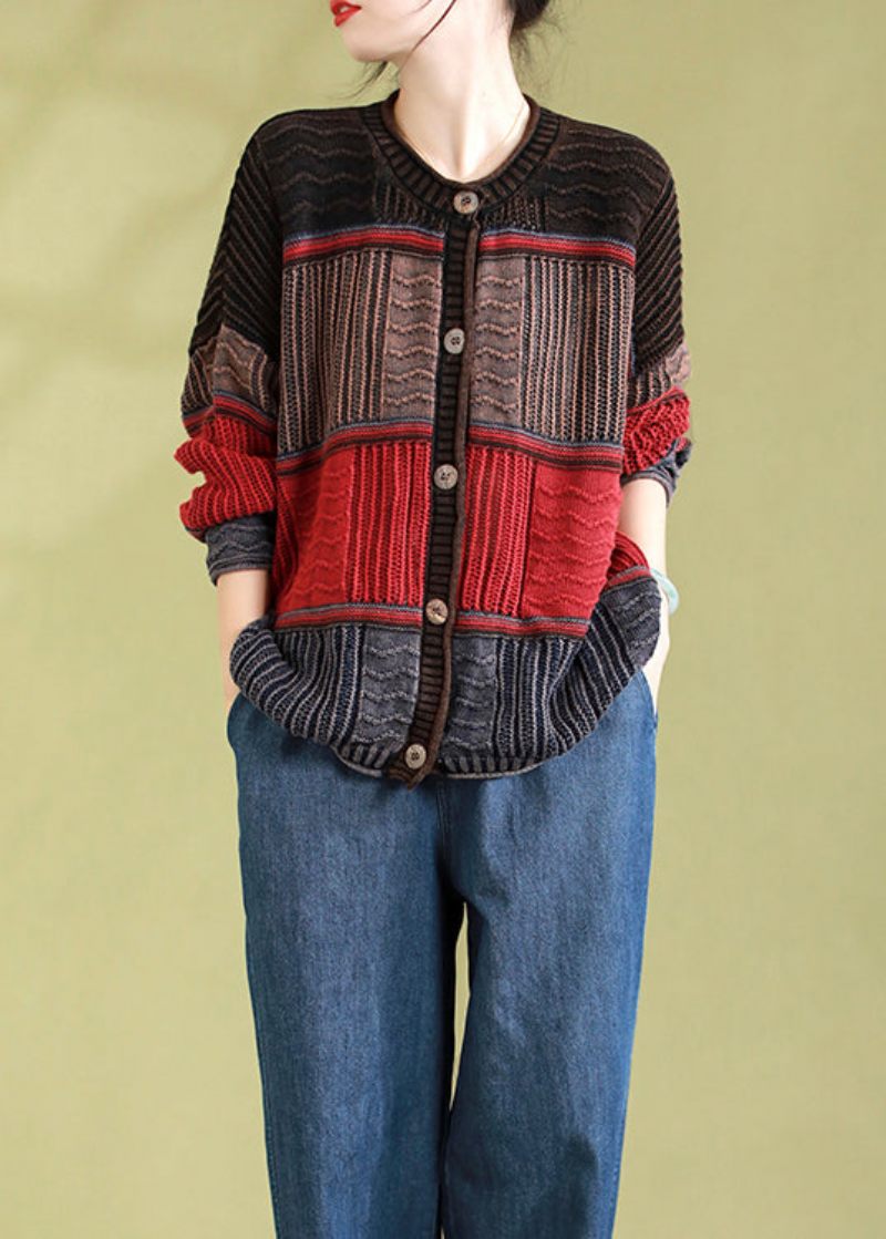 Röd Casual Patchwork Stickad Cardigan O Neck Button Spring - Koftor för kvinnor