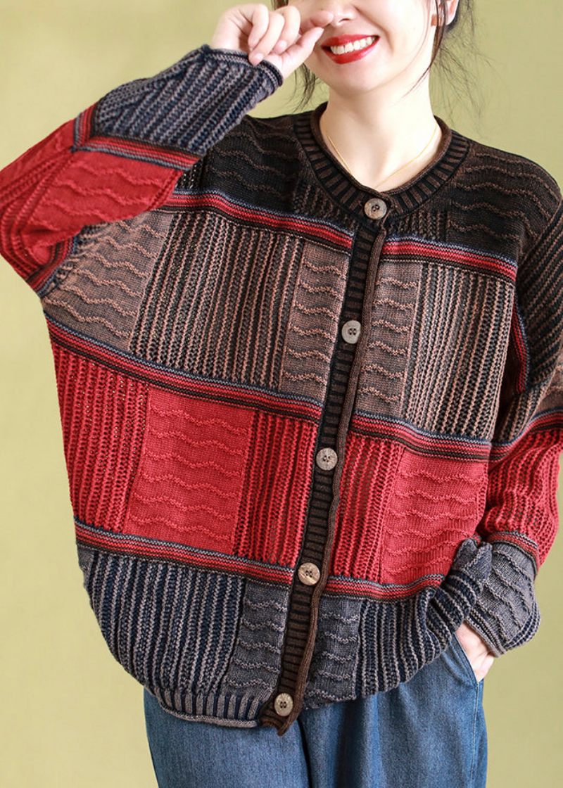 Röd Casual Patchwork Stickad Cardigan O Neck Button Spring - Koftor för kvinnor