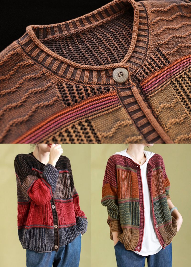 Röd Casual Patchwork Stickad Cardigan O Neck Button Spring - Koftor för kvinnor