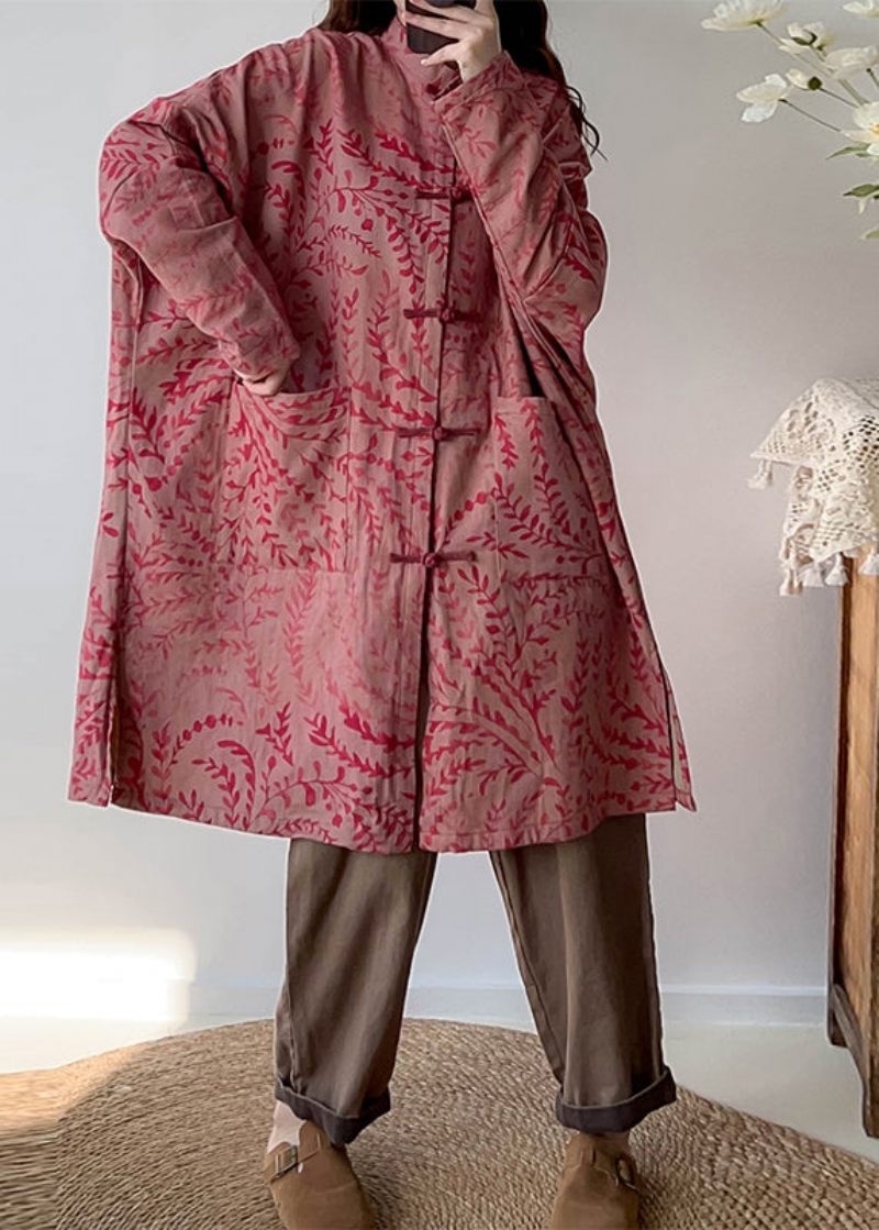 Röd Print Linen Trench Överdimensionerad Kinesisk Knapp Fall - Trenchcoats för kvinnor