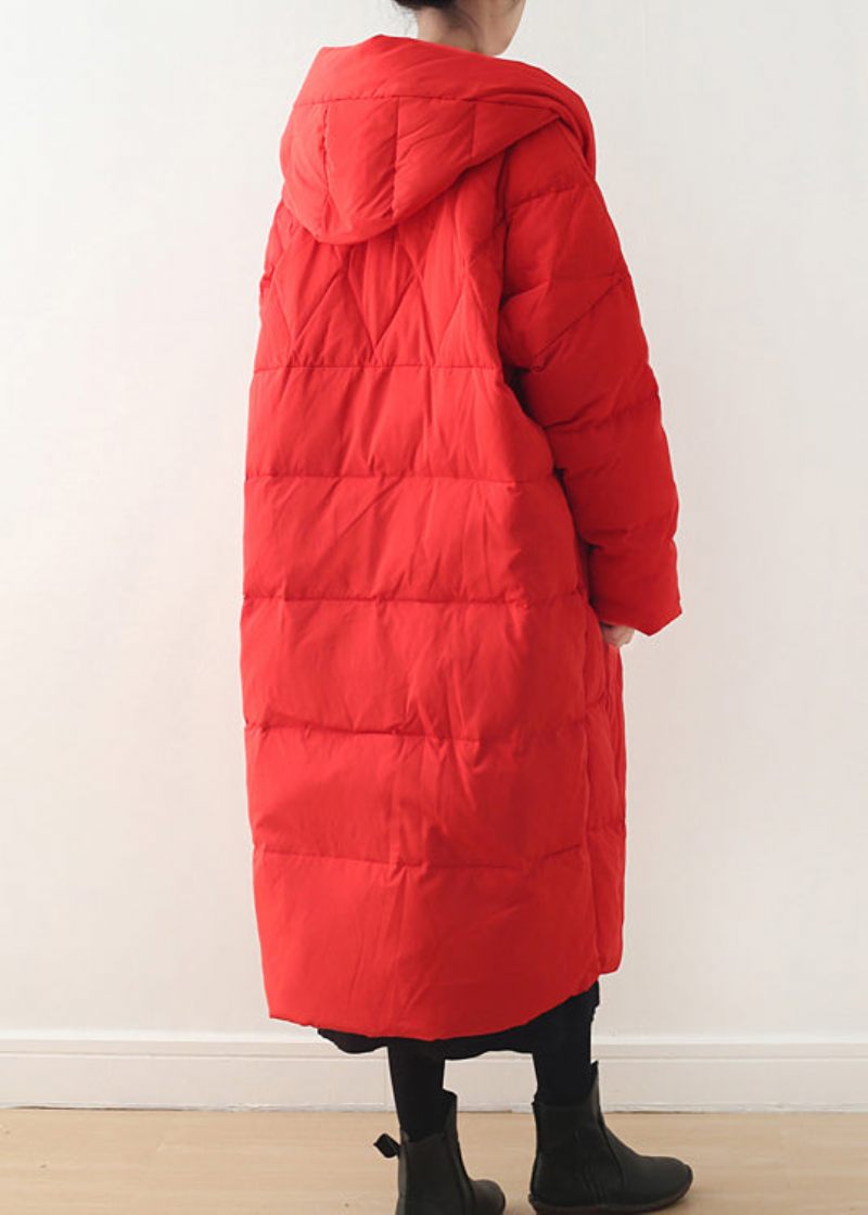 Röda Fickor Med Dragkedja Hooded Down Coat Långärmad - Röd