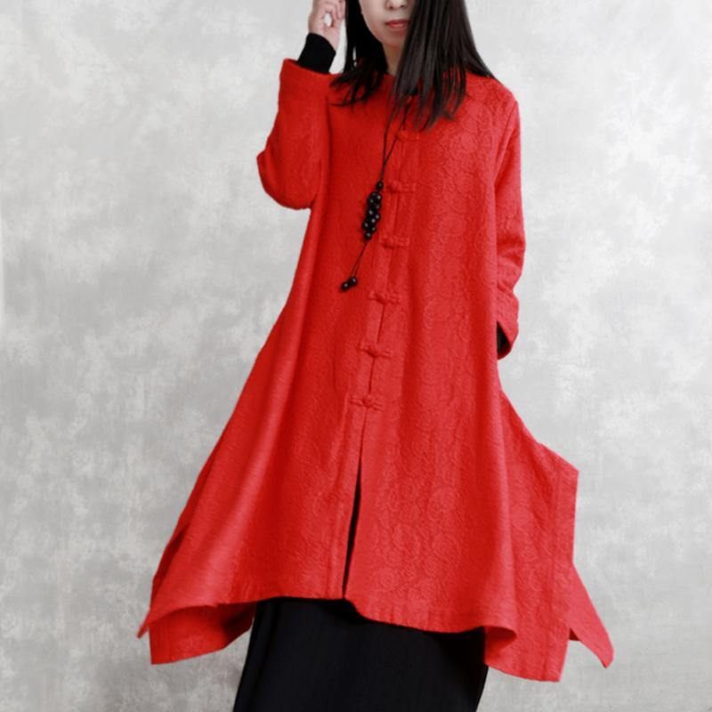 Röda Kappor Oversize Stand Jacquard Maxi Coat Mode Långärmade Fickor Lång Kappa