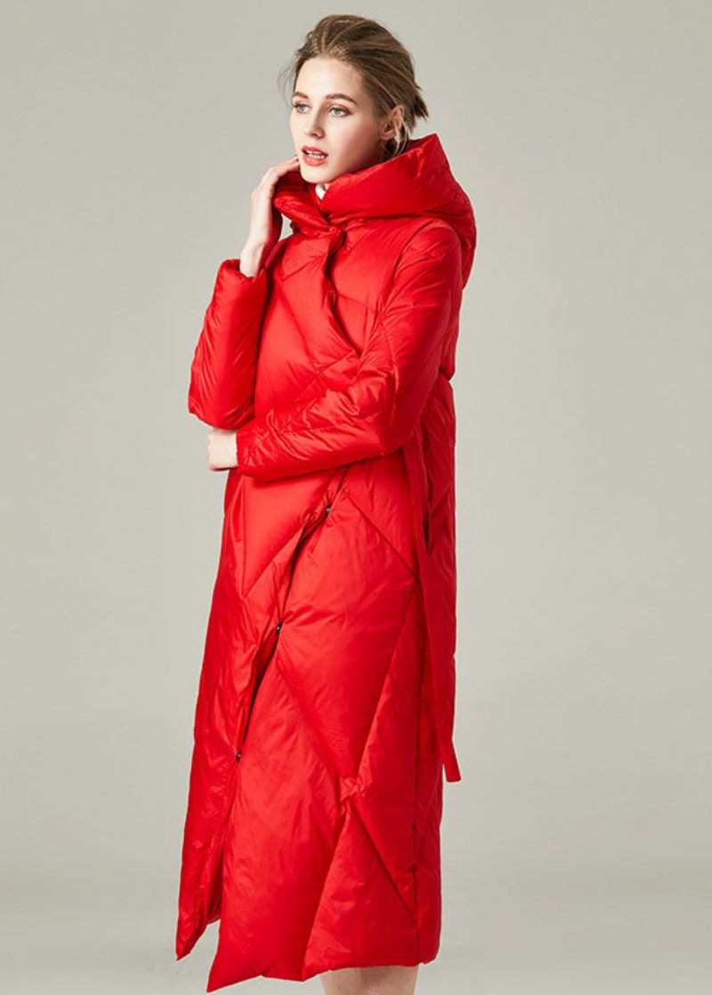 Röda Thick Duck Down Puffers Jackor Lace Up Winter - Röd