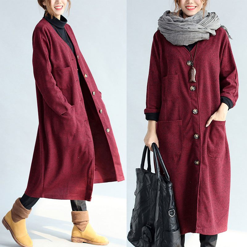 Röda Vinterkoftor I Bomull Plus Size Långärmade Vintage Trenchcoats I Ylle - Ullrockar för kvinnor