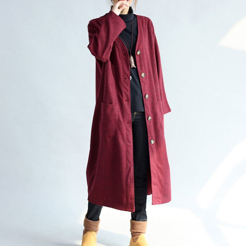 Röda Vinterkoftor I Bomull Plus Size Långärmade Vintage Trenchcoats I Ylle