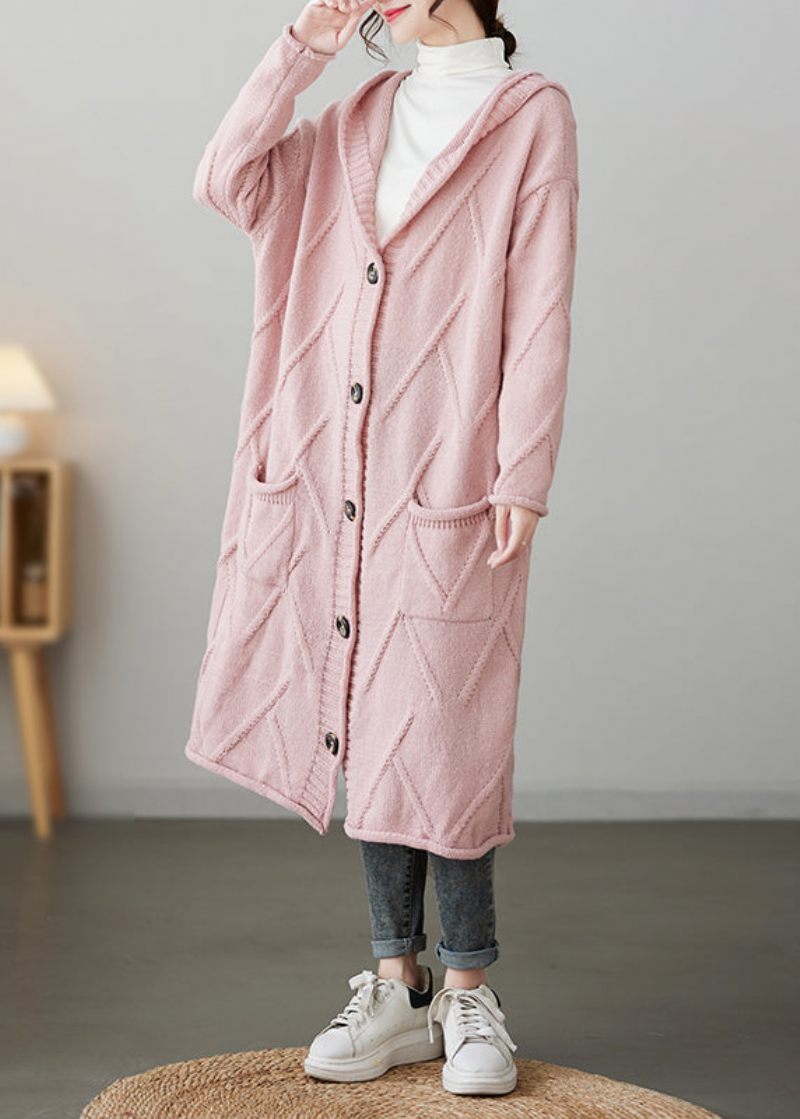 Rosa Fickor Knapp Patchwork Lösstickad Kofta Hooded Fall