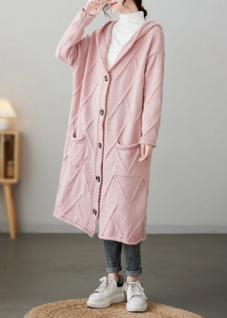 Rosa Fickor Knapp Patchwork Lösstickad Kofta Hooded Fall