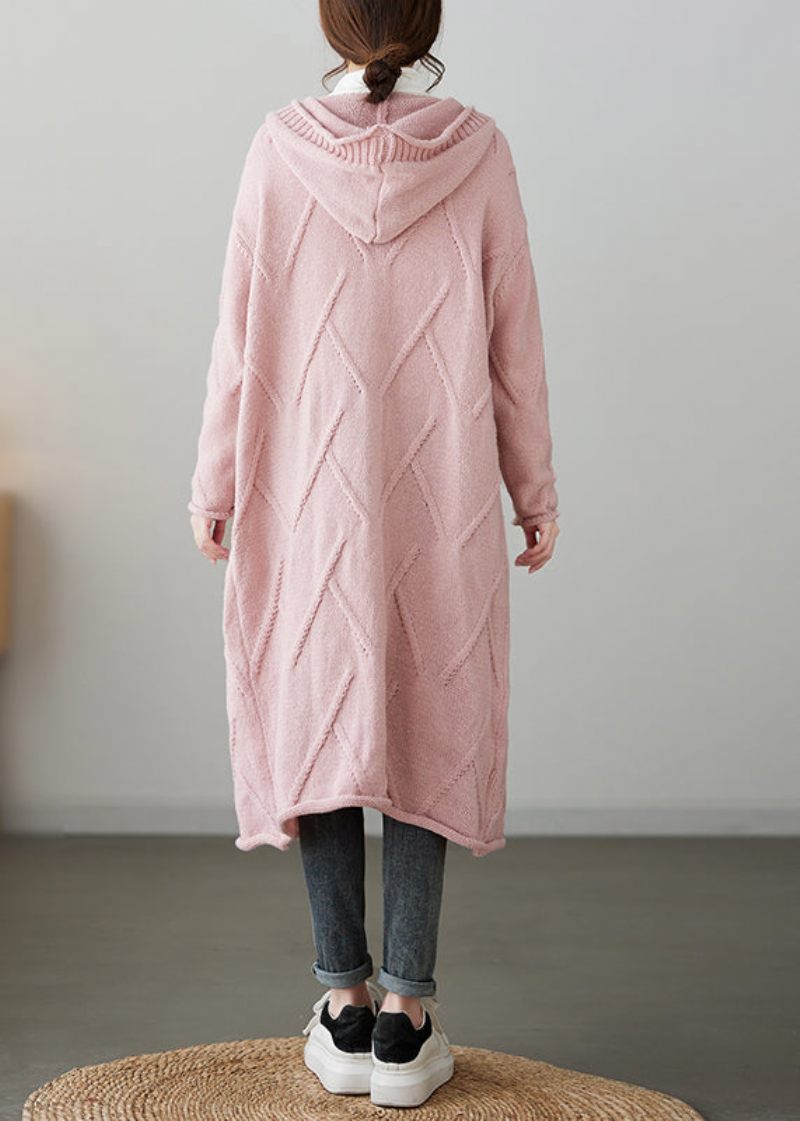 Rosa Fickor Knapp Patchwork Lösstickad Kofta Hooded Fall - Koftor för kvinnor