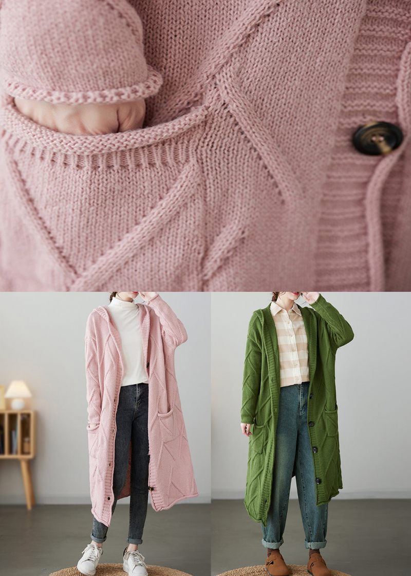 Rosa Fickor Knapp Patchwork Lösstickad Kofta Hooded Fall - Koftor för kvinnor