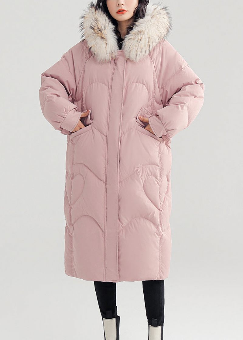 Rosa Knapp Patchwork Duck Down Puffer Coat Zip Up Långärmad - Dunjackor för kvinnor