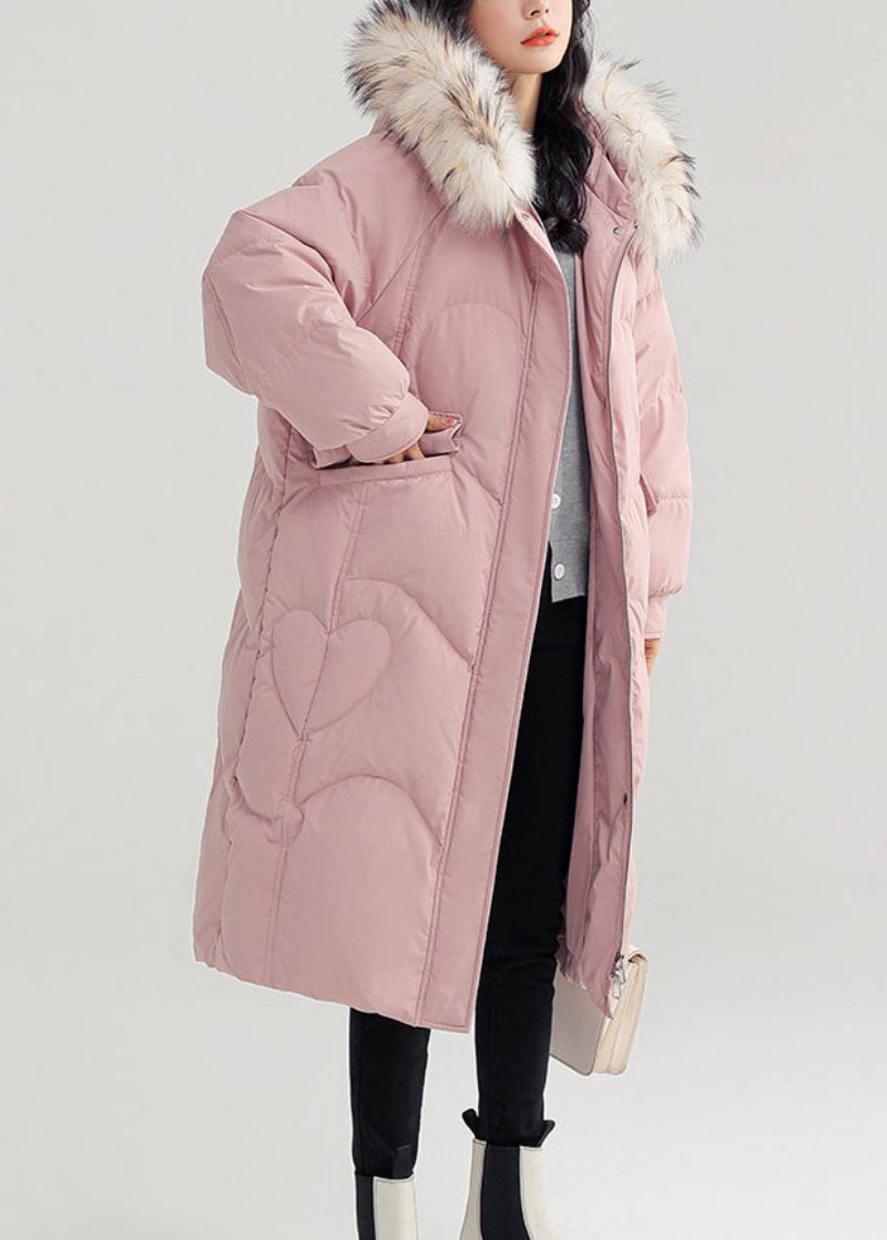 Rosa Knapp Patchwork Duck Down Puffer Coat Zip Up Långärmad - Dunjackor för kvinnor