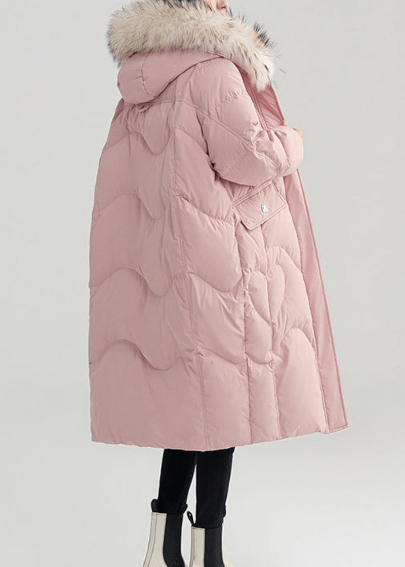 Rosa Knapp Patchwork Duck Down Puffer Coat Zip Up Långärmad - Dunjackor för kvinnor