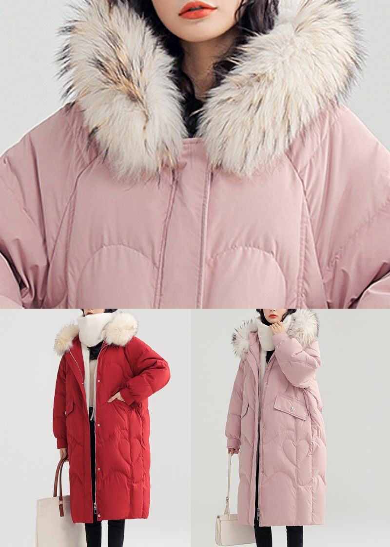 Rosa Knapp Patchwork Duck Down Puffer Coat Zip Up Långärmad - Dunjackor för kvinnor