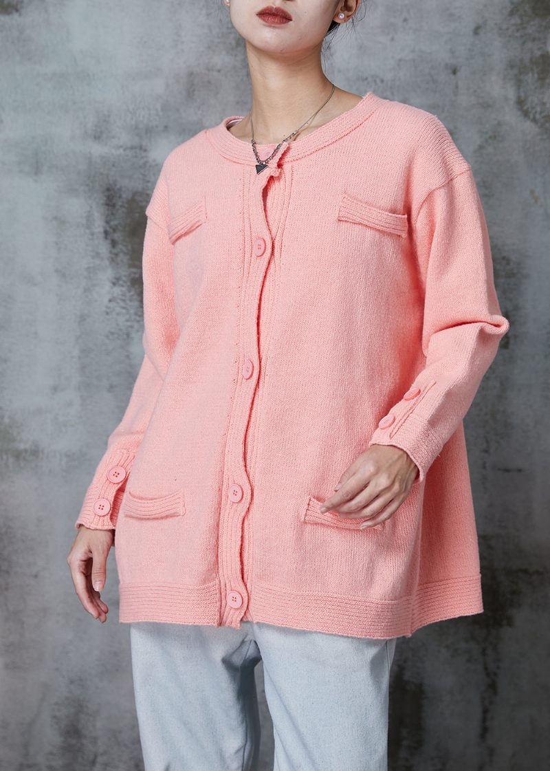 Rosa Stickad Kofta Oversized Button Down Spring - Koftor för kvinnor