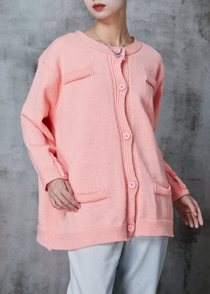 Rosa Stickad Kofta Oversized Button Down Spring - Koftor för kvinnor