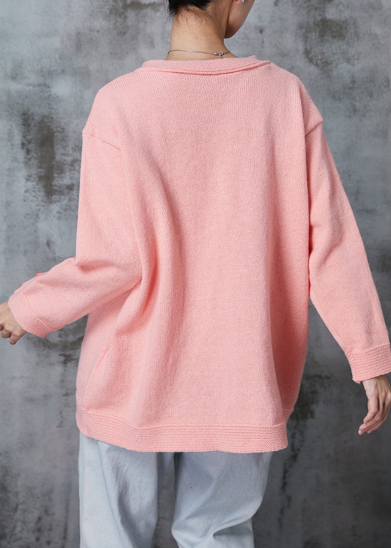 Rosa Stickad Kofta Oversized Button Down Spring - Koftor för kvinnor