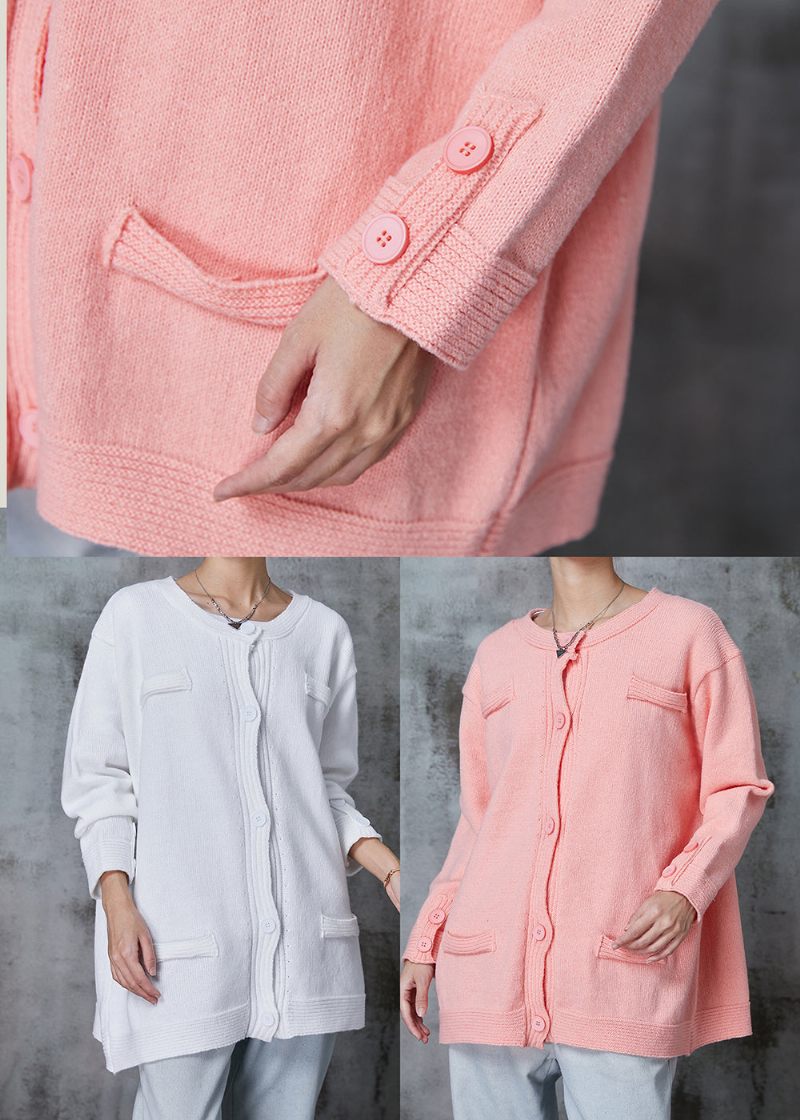 Rosa Stickad Kofta Oversized Button Down Spring - Koftor för kvinnor