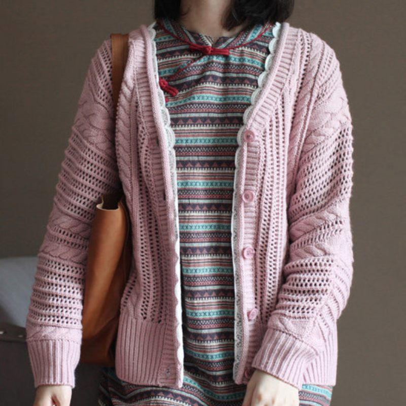 Rosa Vintage Bomullströja Toppar Lösa Casual Spets Chunky Stickade Cardigans