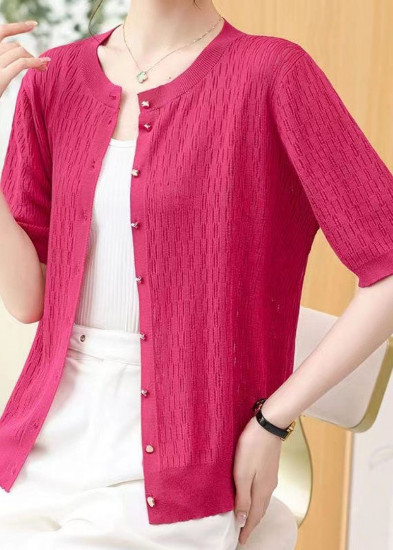 Rose Patchwork Tunn Stickad Cardigan O Neck Hollow Out Sommar