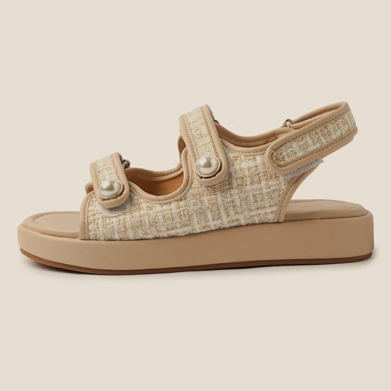 Sandaler Dam Sommar Real Leather Bead Flats Skor För Kvinnor Låg Klack Plattform Casuals - Elfenben