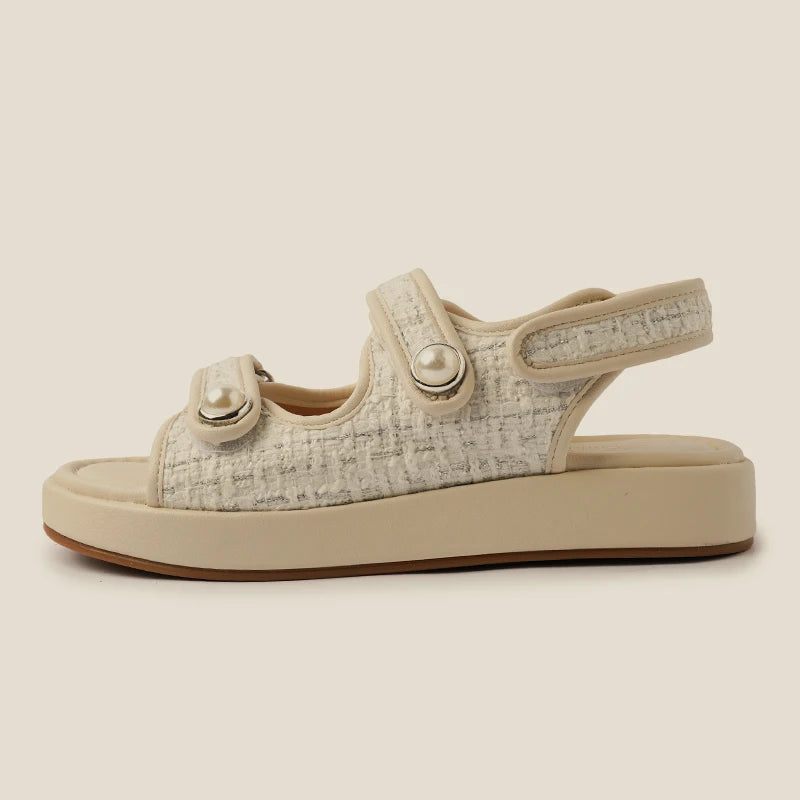 Sandaler Dam Sommar Real Leather Bead Flats Skor För Kvinnor Låg Klack Plattform Casuals - Elfenben