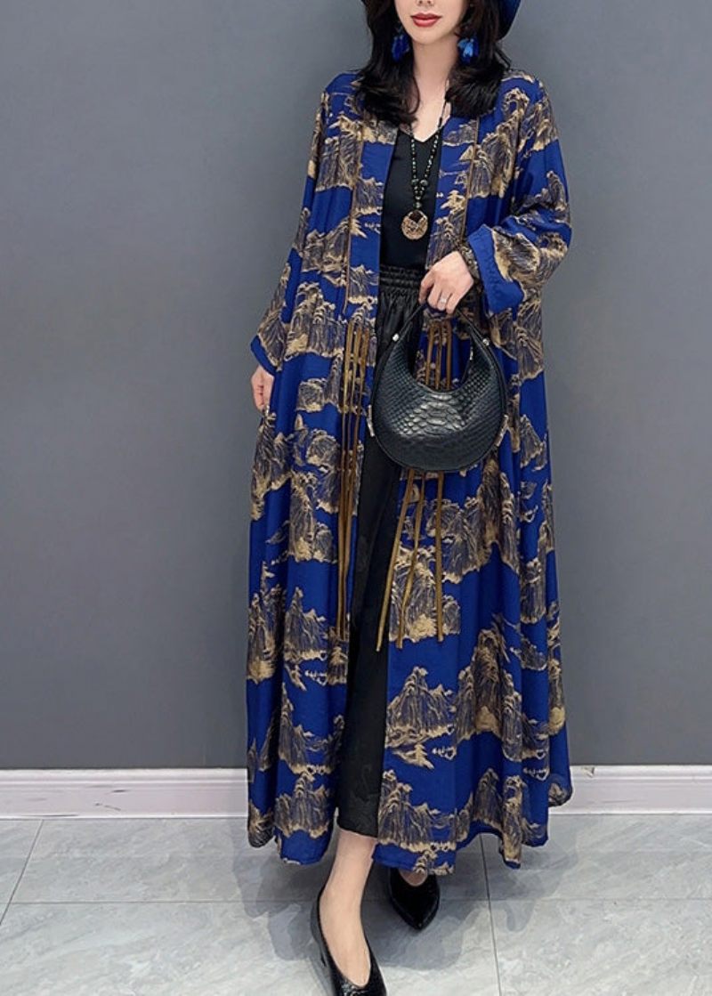 Sexig Blå Peter Pan Krage Print Slim Maxi Trench Coats Långärmad - Trenchcoats för kvinnor