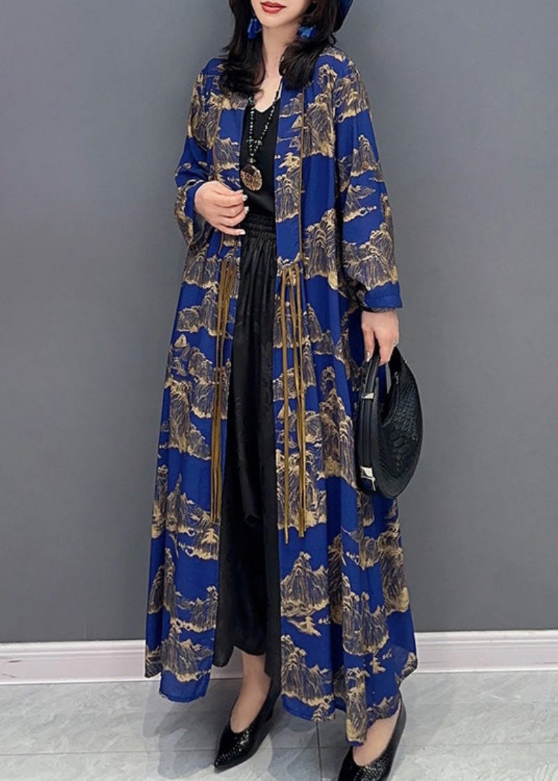 Sexig Blå Peter Pan Krage Print Slim Maxi Trench Coats Långärmad - Trenchcoats för kvinnor