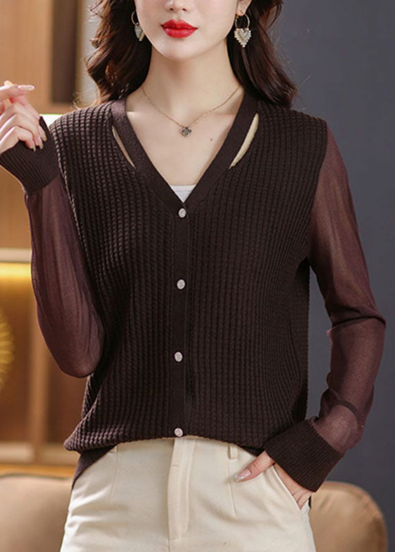 Sexig Kaffe V-hals Patchwork Ice Size Stickad Cardigan Fall