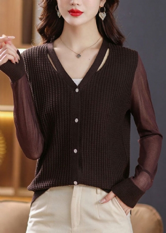 Sexig Kaffe V-hals Patchwork Ice Size Stickad Cardigan Fall