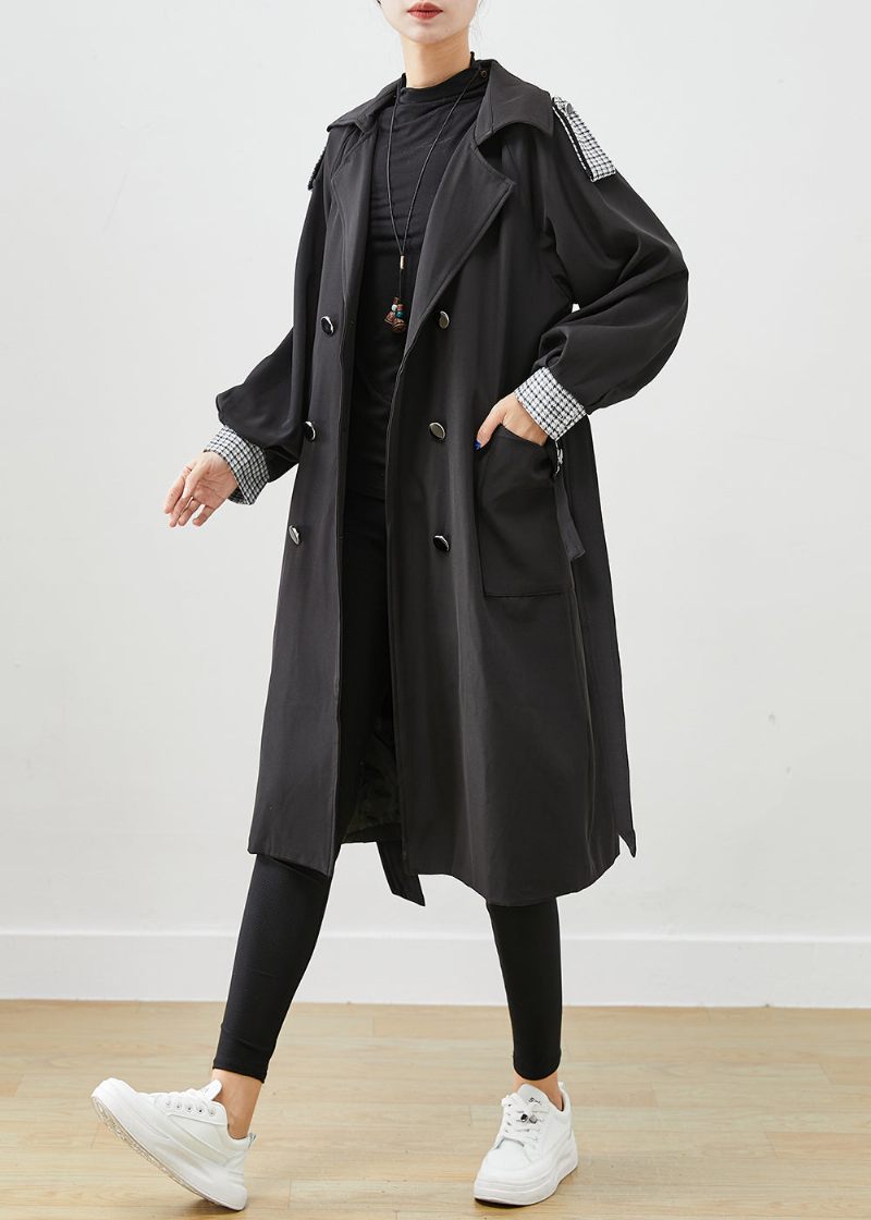 Silm Fit Black Double Breast Tie Midja Cotton Coat Ytterkläder Höst