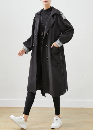 Silm Fit Black Double Breast Tie Midja Cotton Coat Ytterkläder Höst