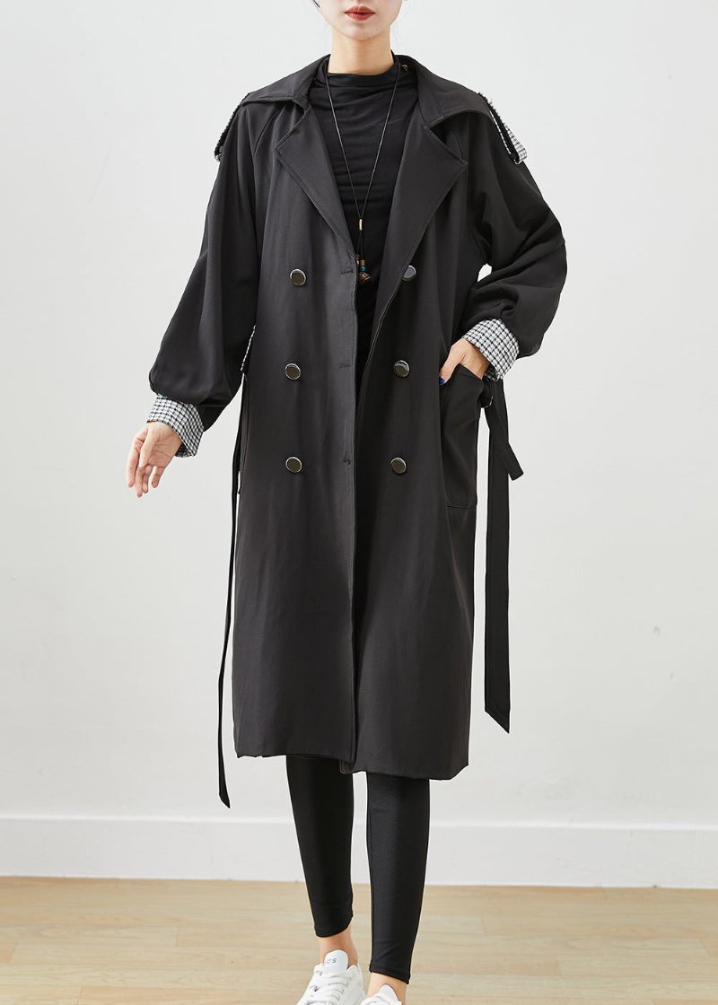 Silm Fit Black Double Breast Tie Midja Cotton Coat Ytterkläder Höst - Trenchcoats för kvinnor