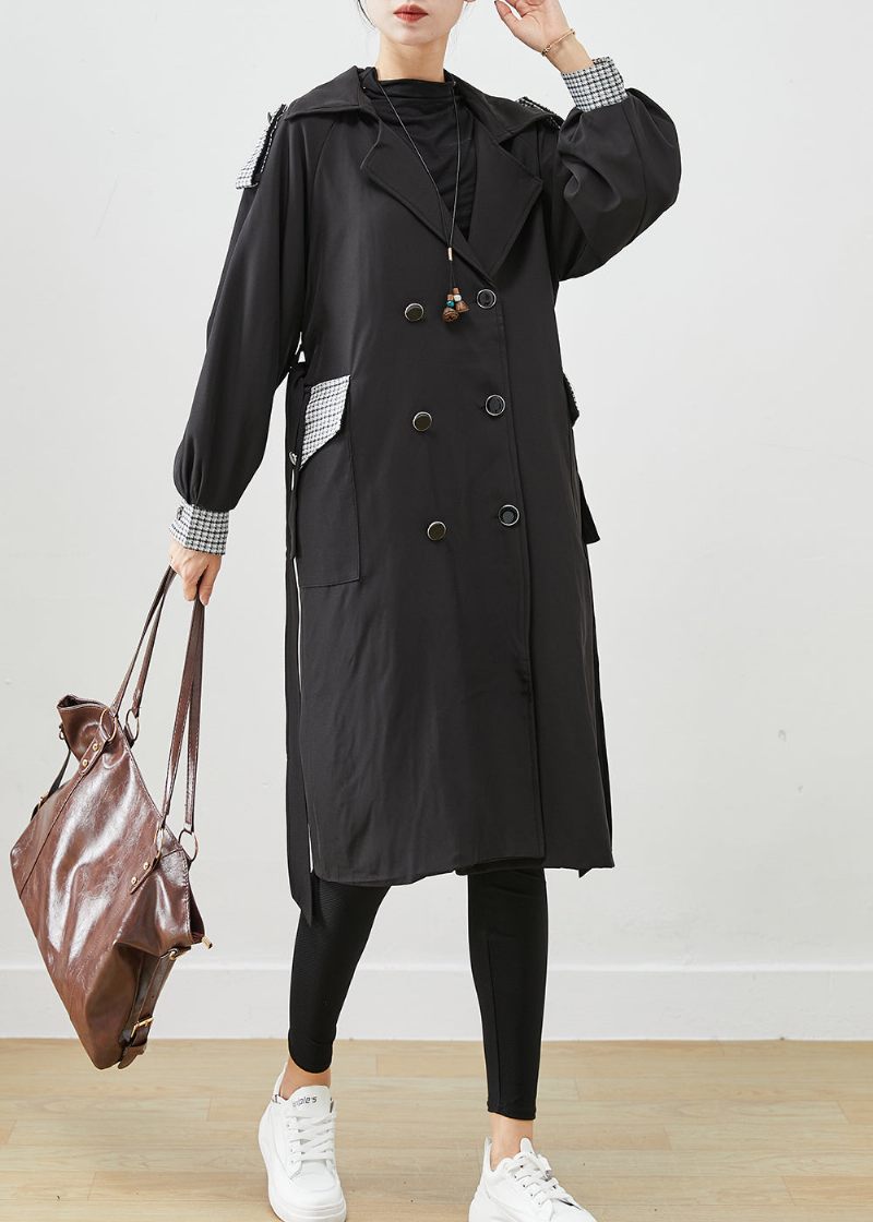 Silm Fit Black Double Breast Tie Midja Cotton Coat Ytterkläder Höst - Trenchcoats för kvinnor