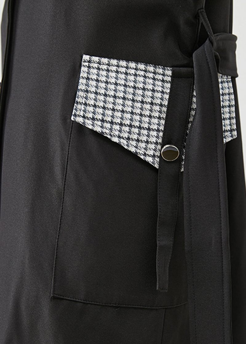 Silm Fit Black Double Breast Tie Midja Cotton Coat Ytterkläder Höst - Trenchcoats för kvinnor