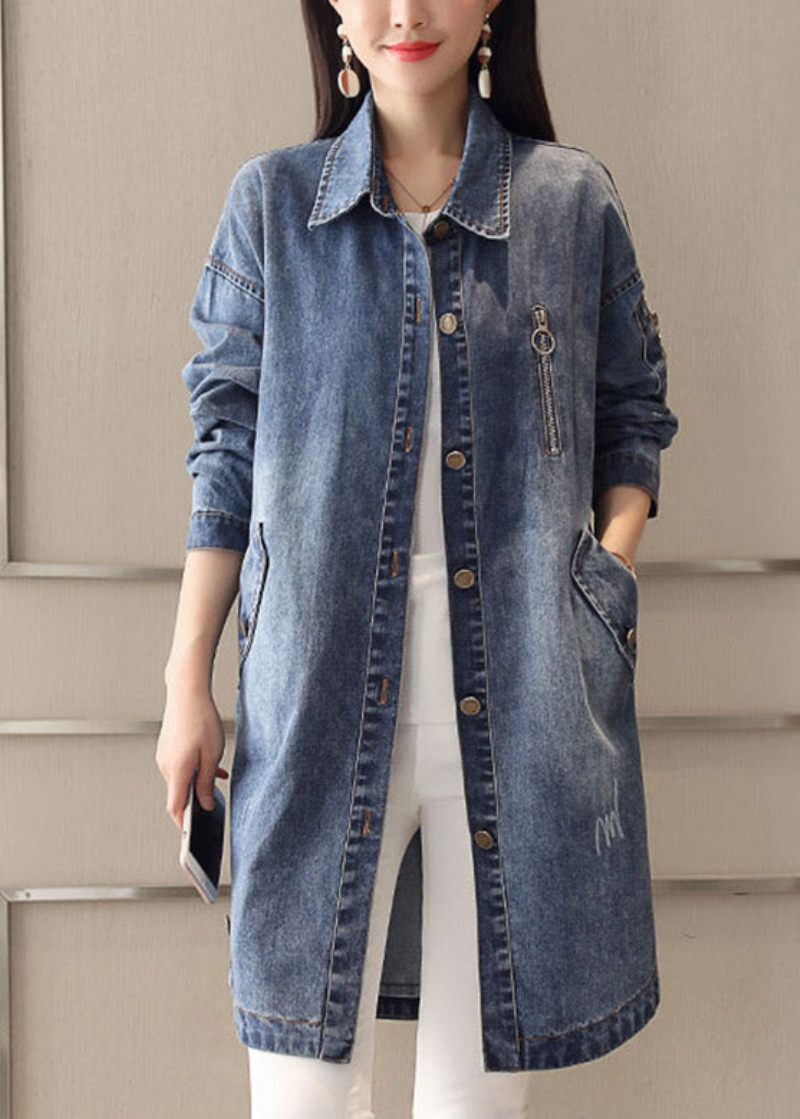 Slim Fit Blå Peter Pan Krage Broderad Patchwork Button Denim Coat Spring