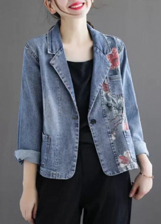 Slim Fit Ljusblå Naggad Krage Fickor Print Denim Coat Spring