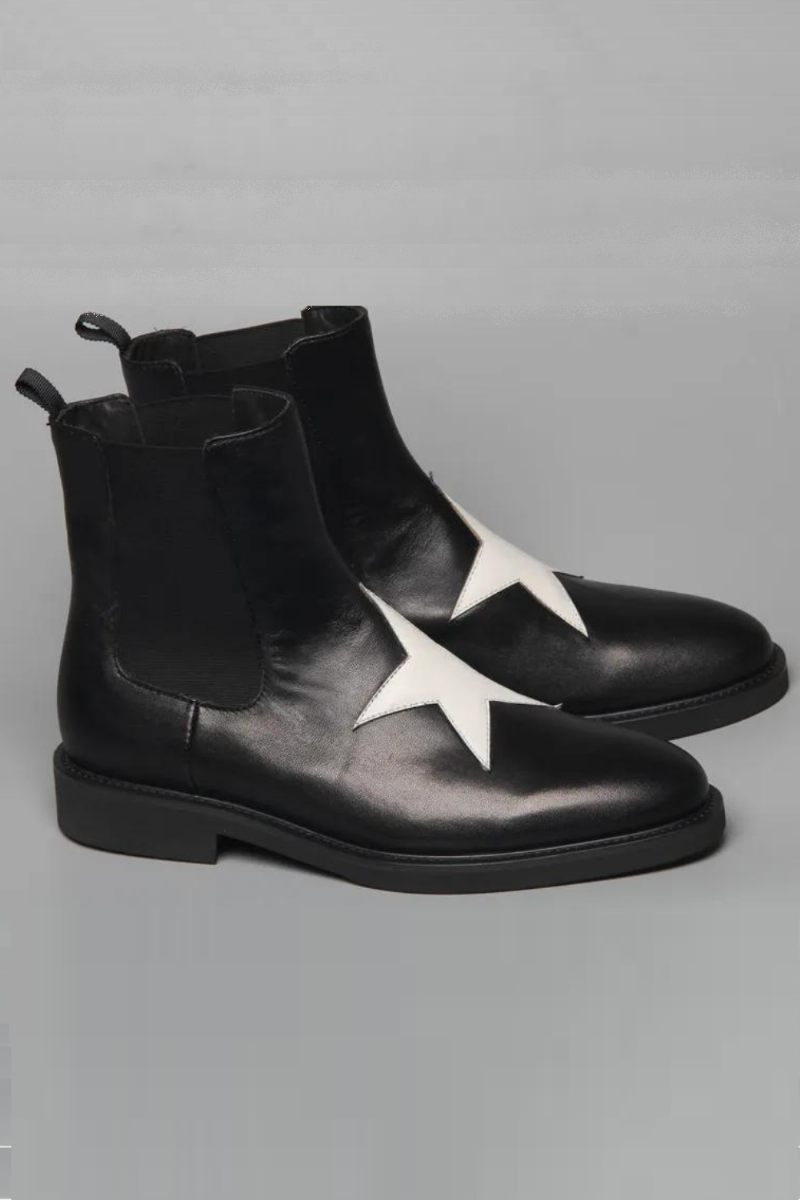 Slip On Spetsad Tå Äkta Läder Pentagram Patchwork Chelsea Boots