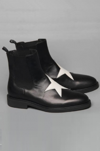 Slip On Spetsad Tå Äkta Läder Pentagram Patchwork Chelsea Boots