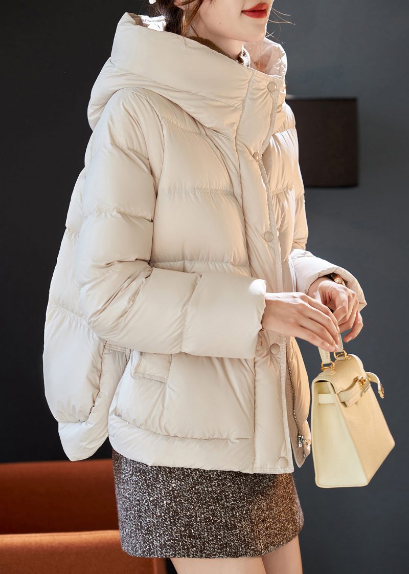 Snygg Beige Hooded Duck Down Puffer Coat Vinter - Dunjackor för kvinnor